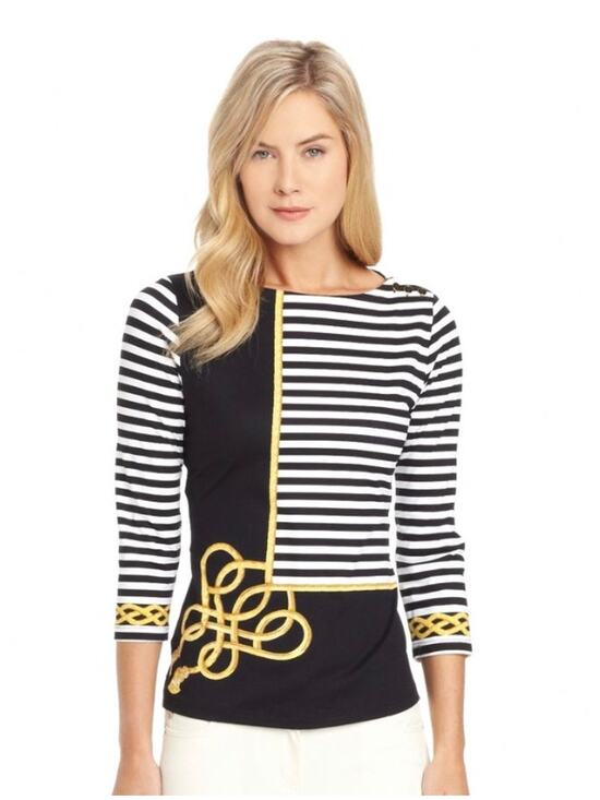J. McLaughlin Tops - J.McLaughlin Womens M Black Stripe Gold Chain Pullover 3/4 Sleeve Casual Top NEW